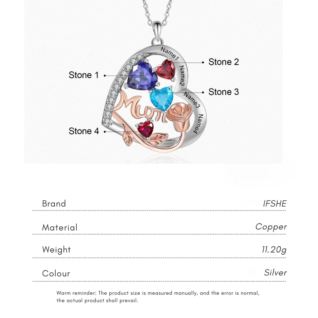 Personalised Heart Birthstone Necklace for Mum - Engraved with 1-4 Names