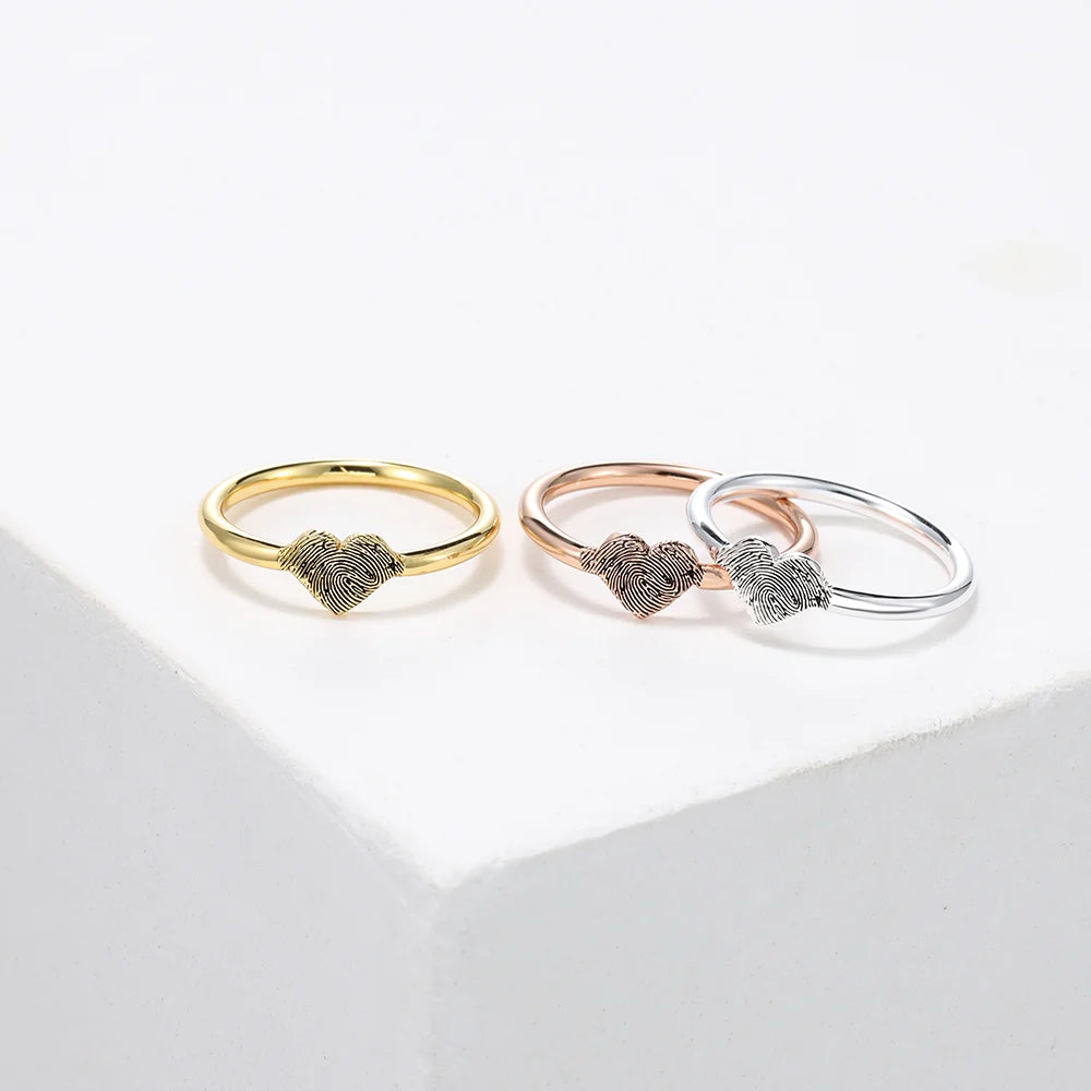 Heart Fingerprint Ring Gold/Silver/Rose Gold, Personalised Ring with Fingerprint 925 Sterling Silver