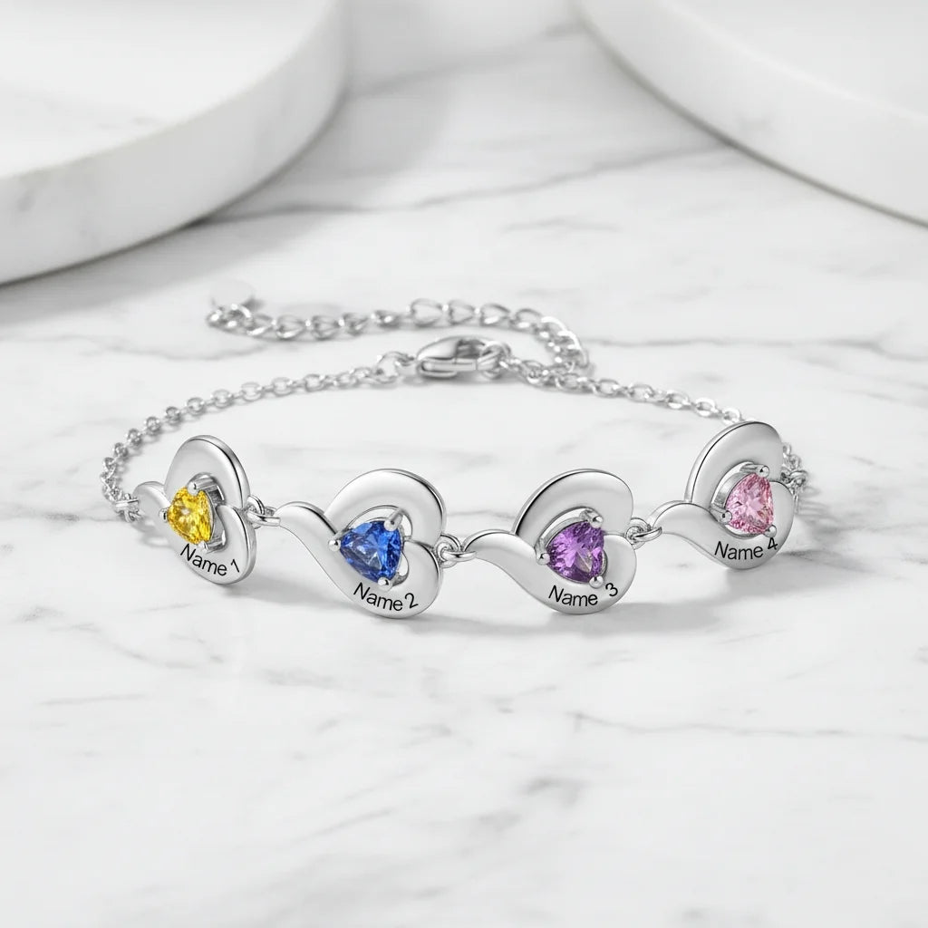 Personalised Heart Link Bracelet with Birthstones & Engraved Names for Family