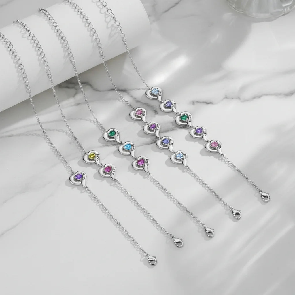 Personalised Heart Link Bracelet with Birthstones & Engraved Names for Family