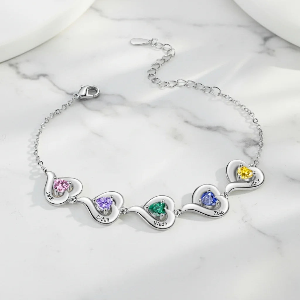 Personalised Heart Link Bracelet with Birthstones & Engraved Names for Family