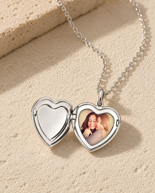 Personalised Heart Photo Locket Necklace - open, showing the photo inside