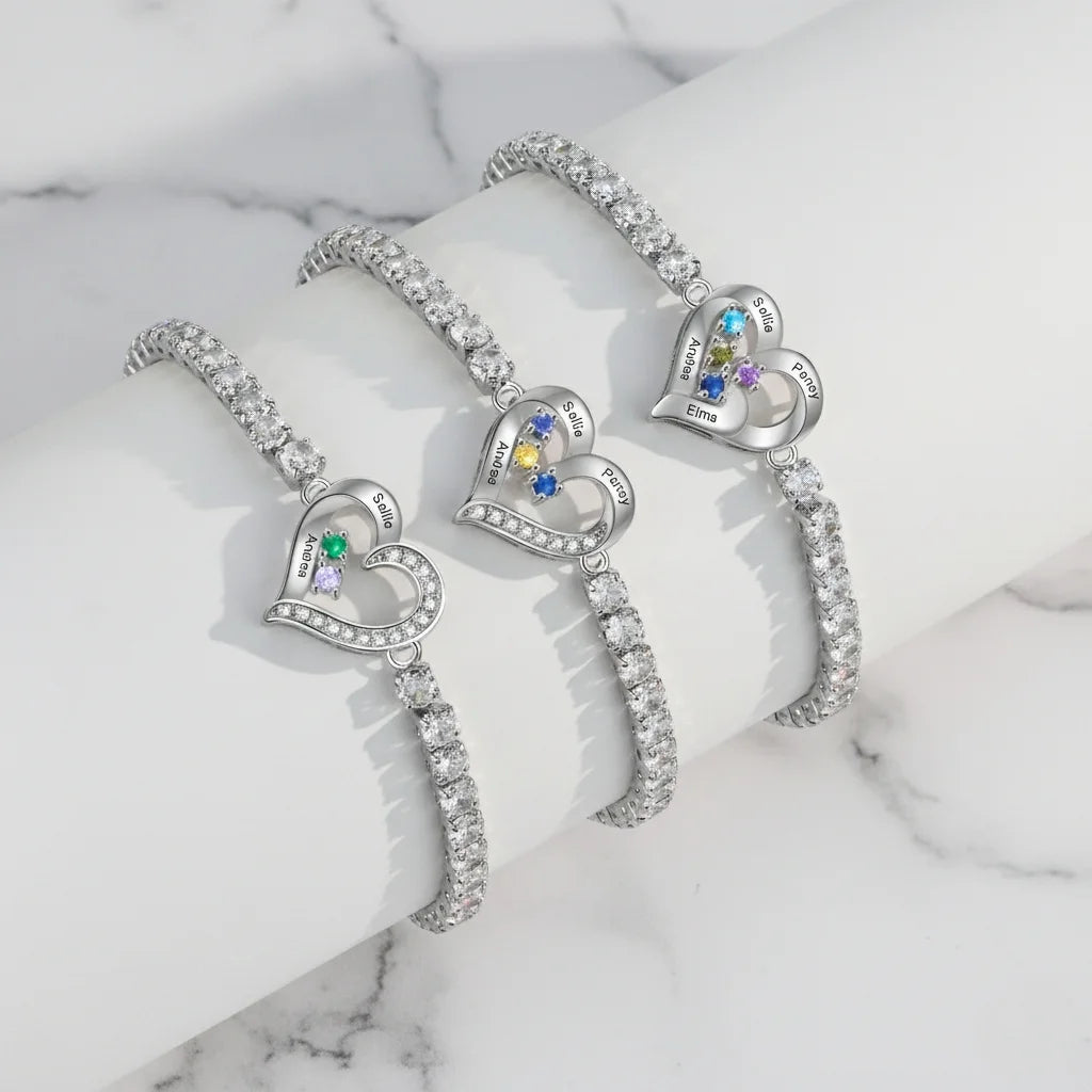 Personalised Heart Name & Birthstone Bracelet for Mum
