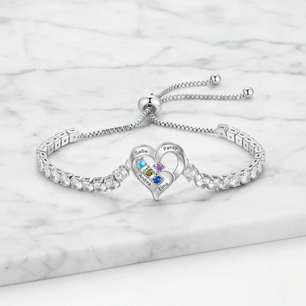 Personalised Heart Name & Birthstone Bracelet for Mum