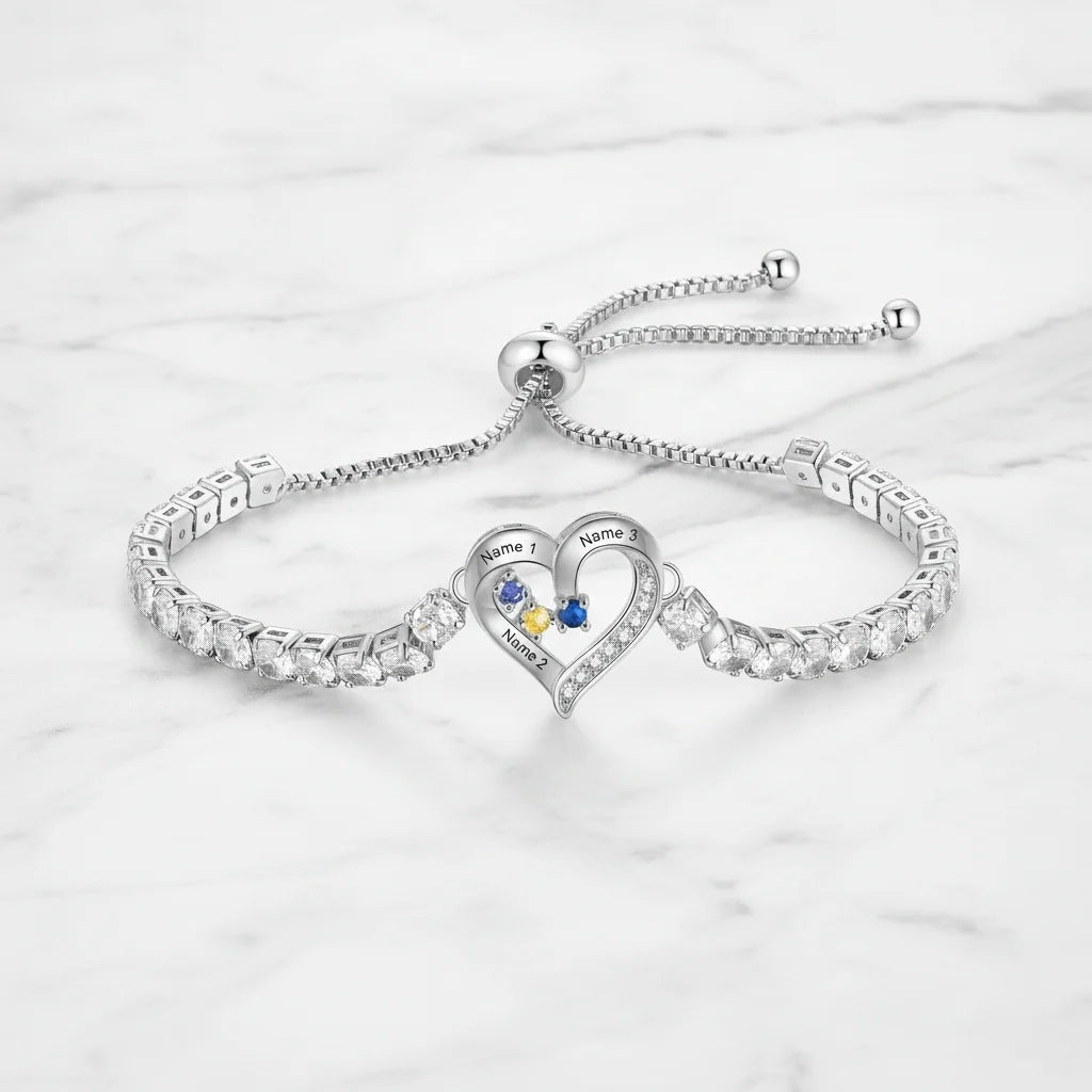 Personalised Heart Name & Birthstone Bracelet for Mum