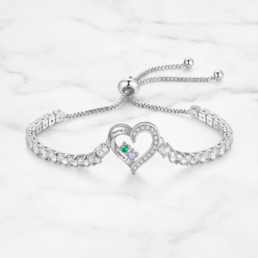 Personalised Heart Name & Birthstone Bracelet for Mum