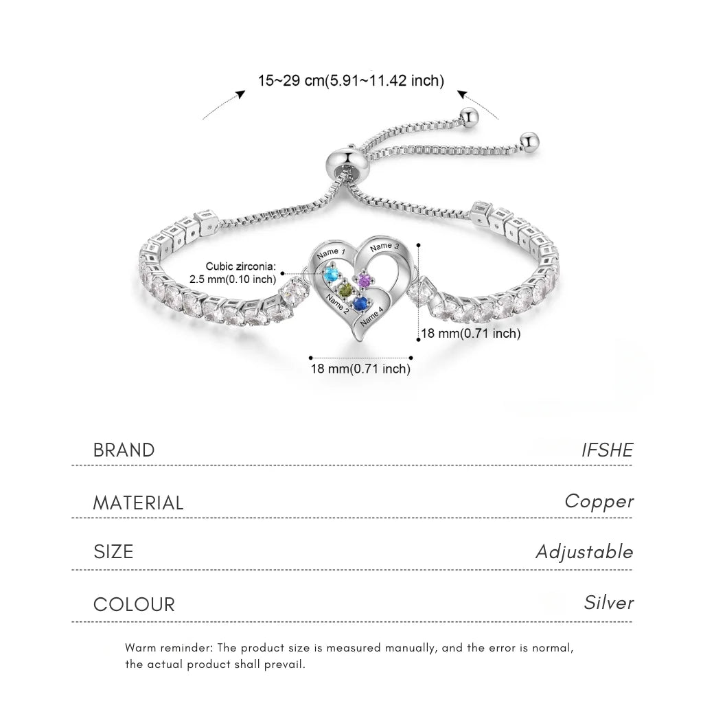 Personalised Heart Name & Birthstone Bracelet for Mum