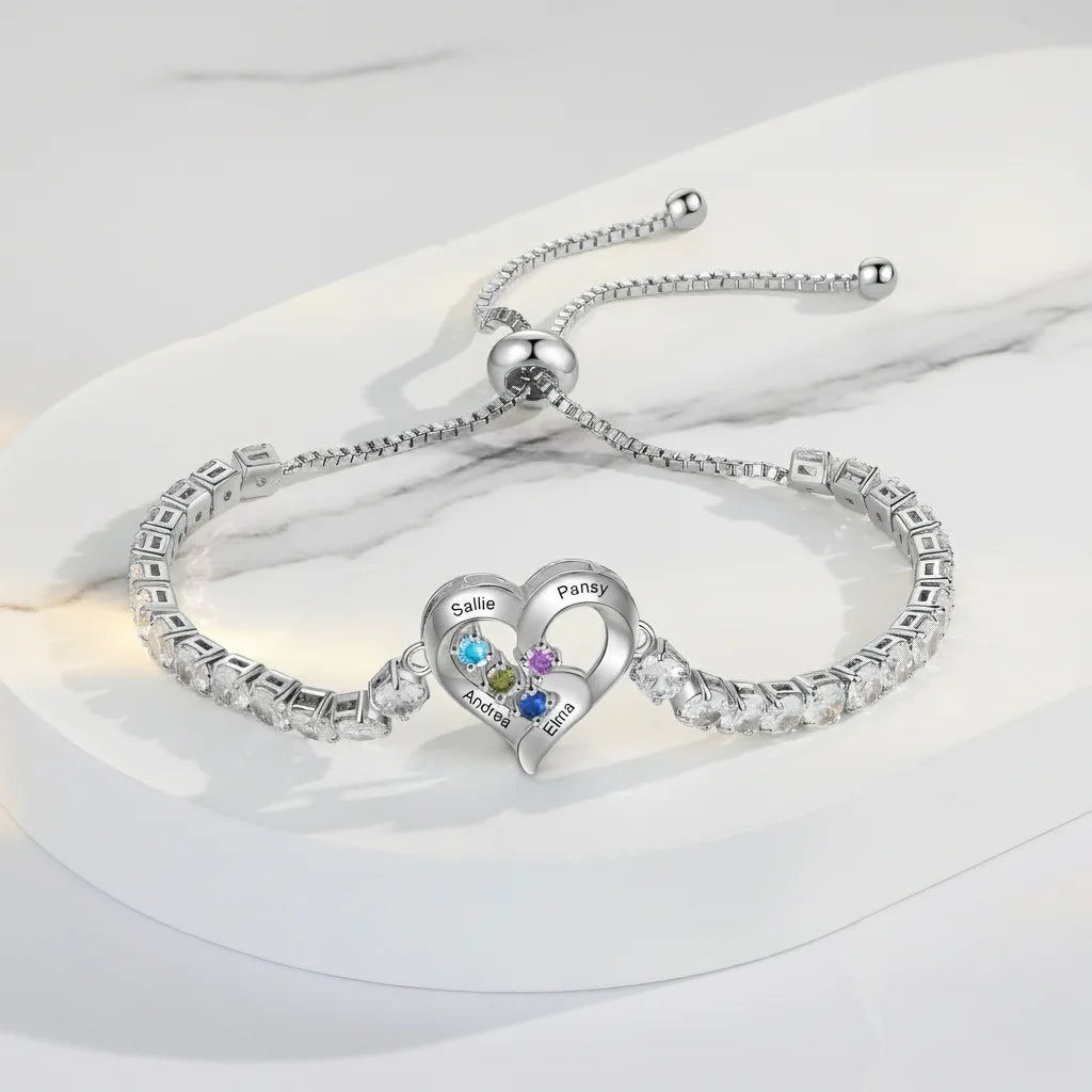 Personalised Heart Name & Birthstone Bracelet for Mum