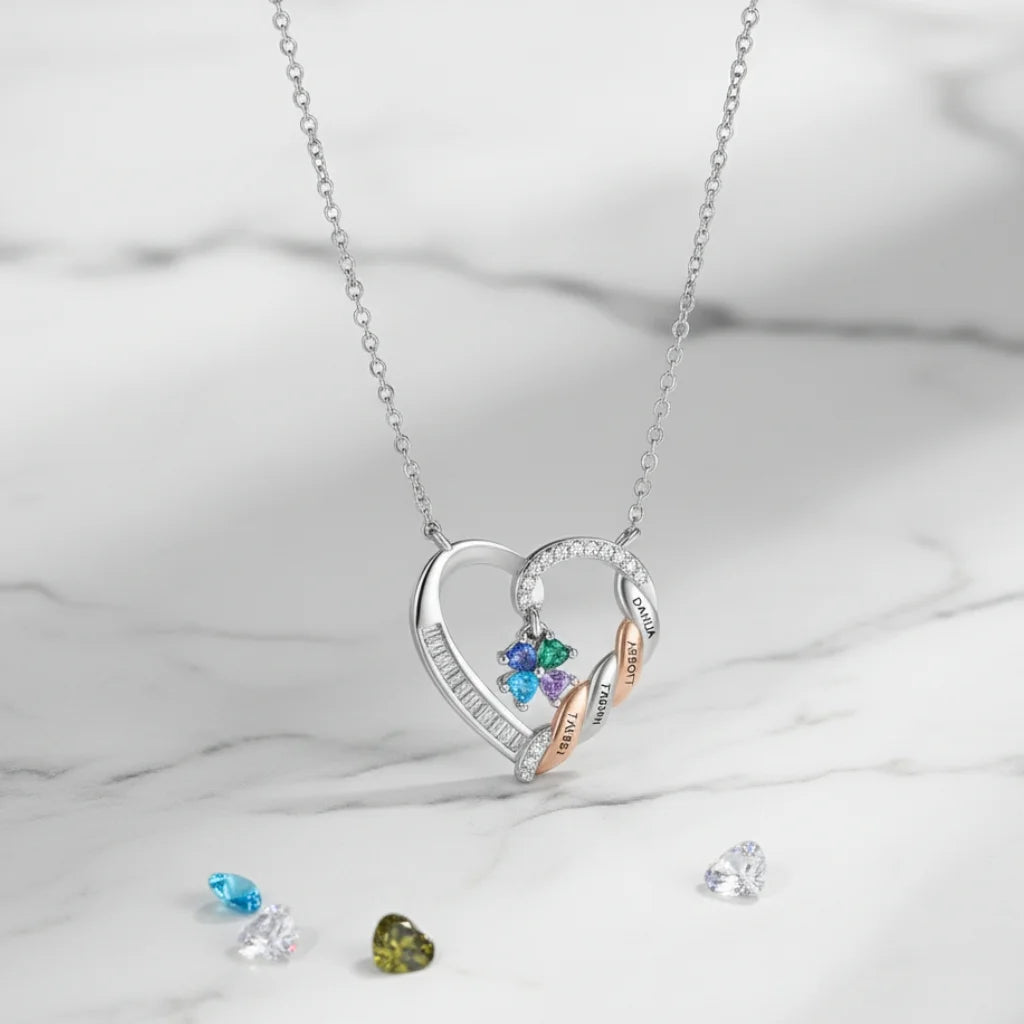 Personalised Heart Necklace for Mum, Birthstone & Engraved 2-4 Names