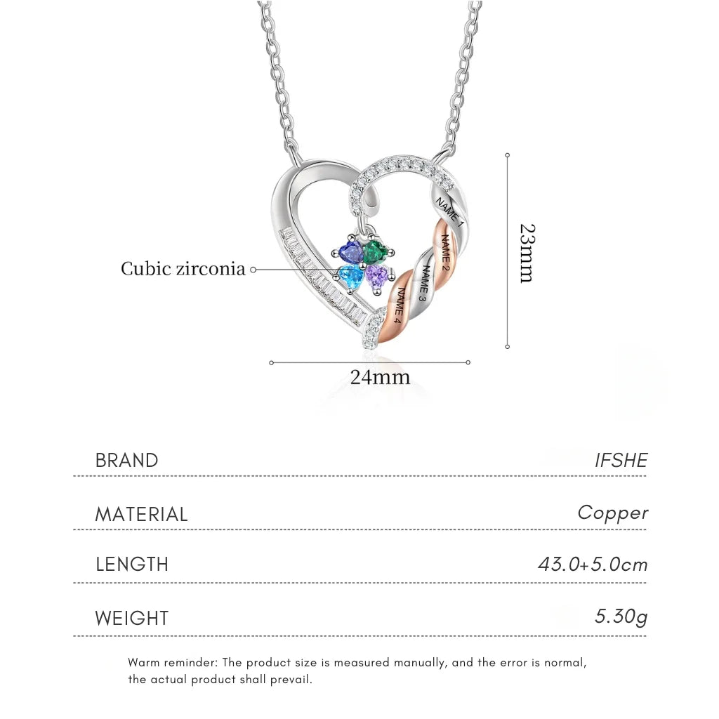 Personalised Heart Necklace for Mum, Birthstone & Engraved 2-4 Names