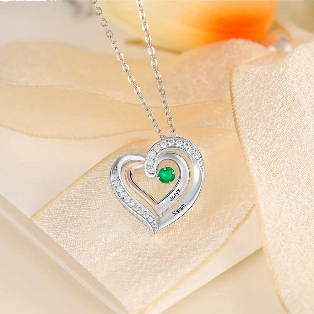 Personalised Heart Necklace for Mum, Birthstone Personalised Necklace for Mum, Engraved Names Personalised Jewellery for Mums