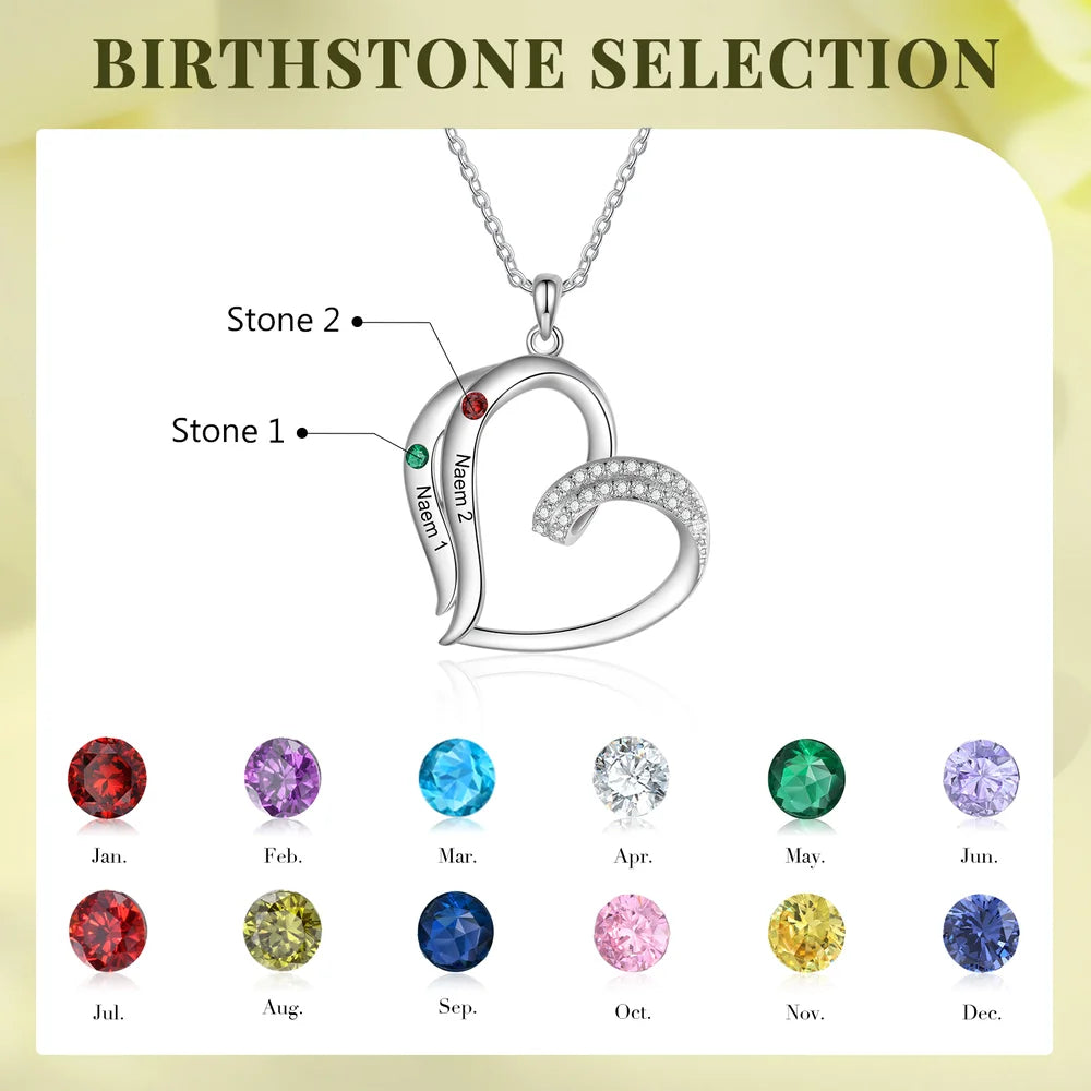 Personalised Heart Shaped Necklace with 2-5 Birthstones and Names, Name Engraved Necklace for Mum, Birthstone Jewellery for Women