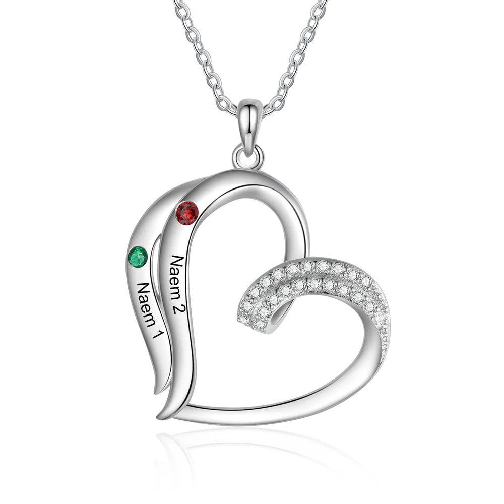 Personalised Heart Shaped Necklace with 2-5 Birthstones and Names, Name Engraved Necklace for Mum, Birthstone Jewellery for Women