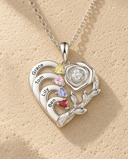 Personalised Birthstone Necklace - close-up of the engraved names and birthstones