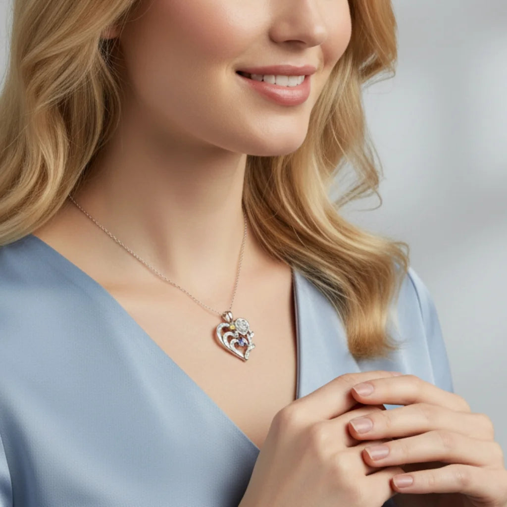 Personalised Heart Necklace with Birthstones and Engraved Names for Mum and Nan