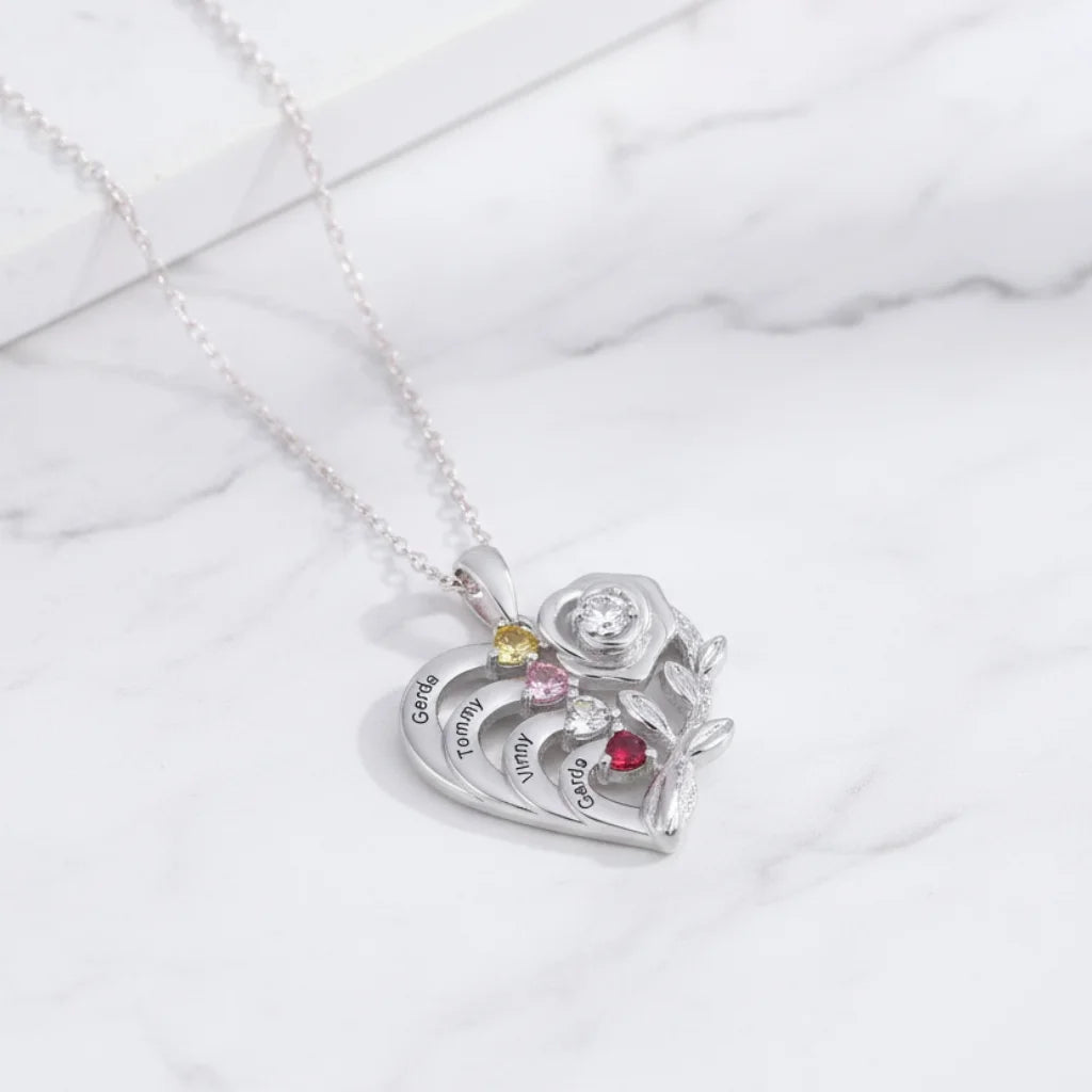 Personalised Heart Necklace with Birthstones and Engraved Names for Mum and Nan