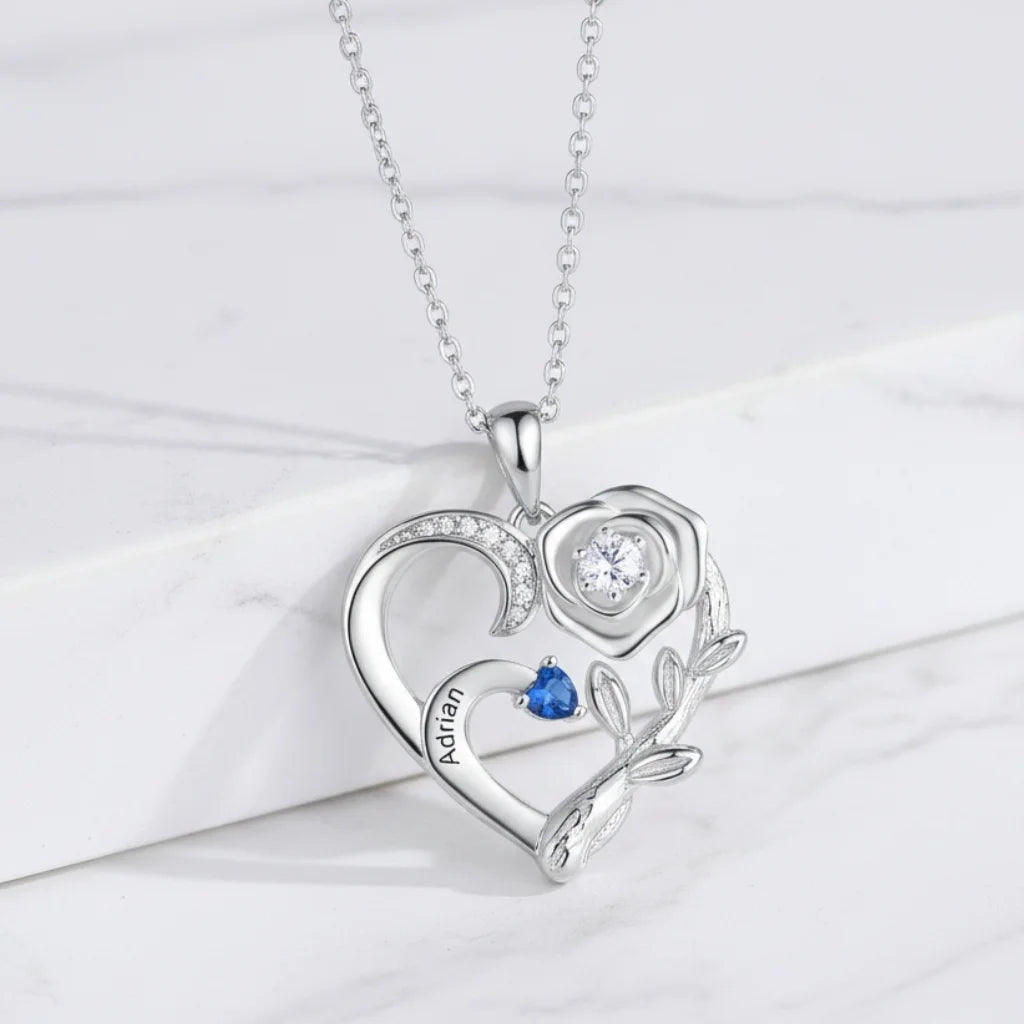 Personalised Heart Necklace with Birthstones and Engraved Names for Mum and Nan