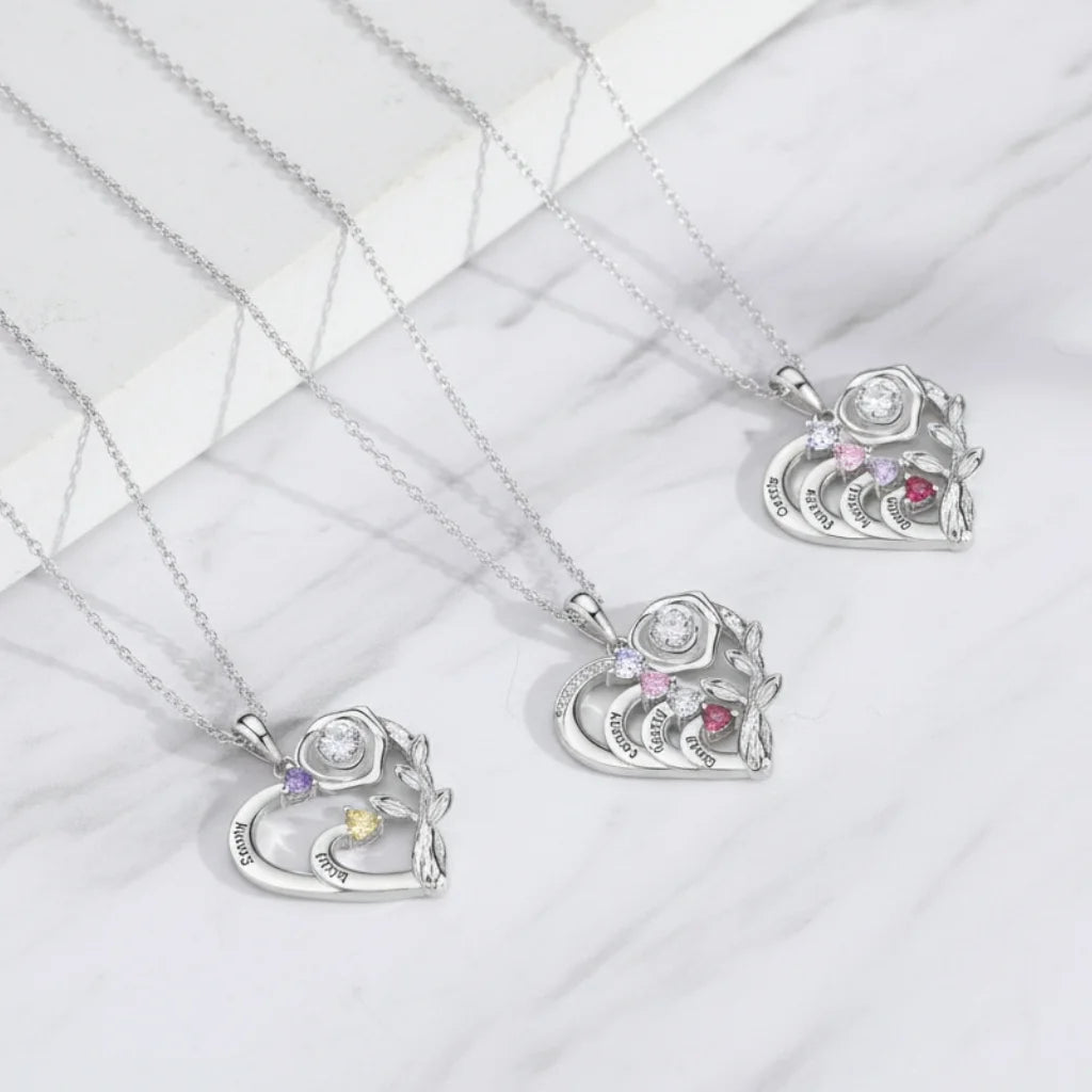 Personalised Heart Necklace with Birthstones and Engraved Names for Mum and Nan