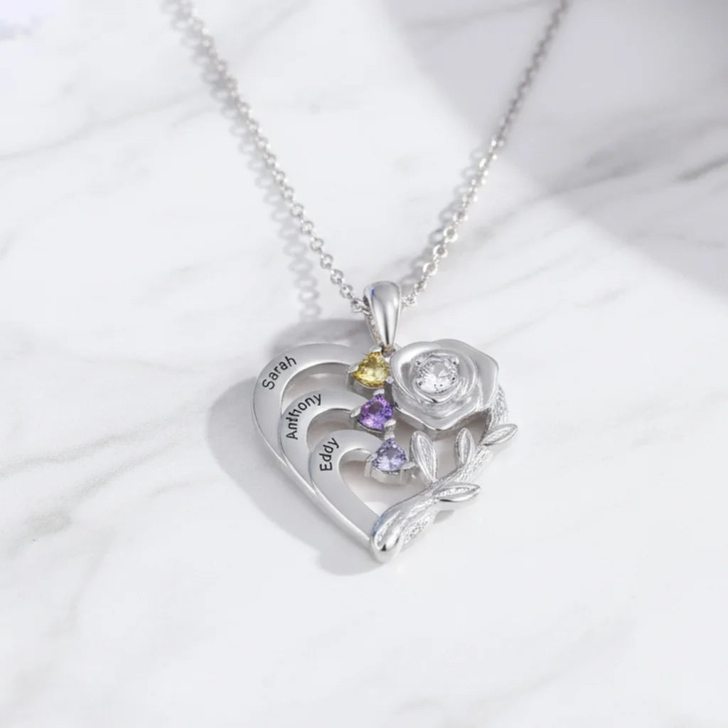 Personalised Heart Necklace with Birthstones and Engraved Names for Mum and Nan