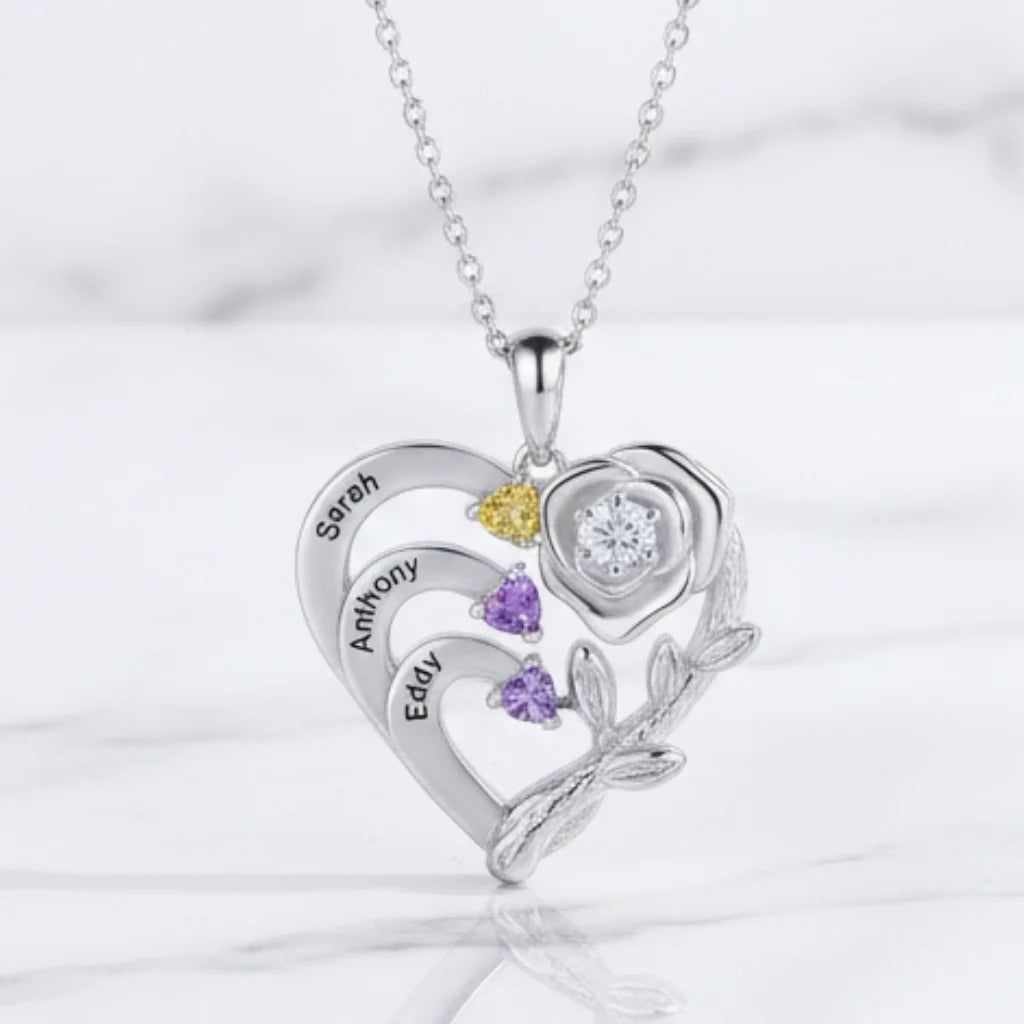 Personalised Heart Necklace with Birthstones and Engraved Names for Mum and Nan