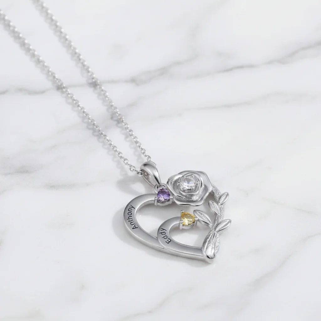 Personalised Heart Necklace with Birthstones and Engraved Names for Mum and Nan