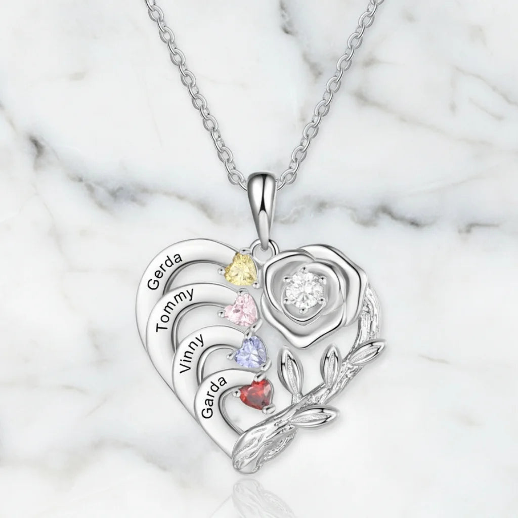 Personalised Heart Necklace with Birthstones and Engraved Names for Mum and Nan