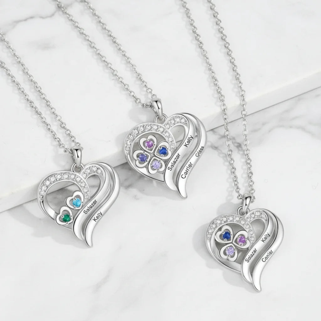 Personalised Heart Necklace with Birthstones – Custom Engraved Names for Family or Mum