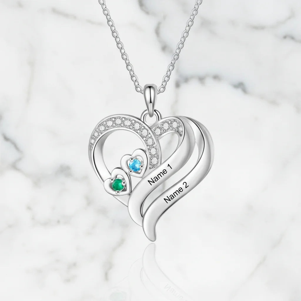 Personalised Heart Necklace with Birthstones – Custom Engraved Names for Family or Mum