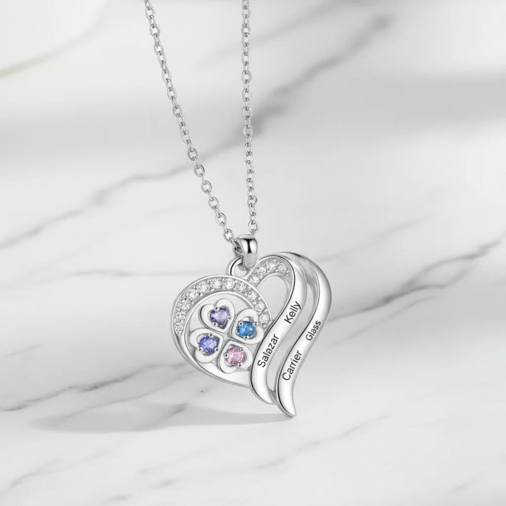 Personalised Heart Necklace with Birthstones – Custom Engraved Names for Family or Mum