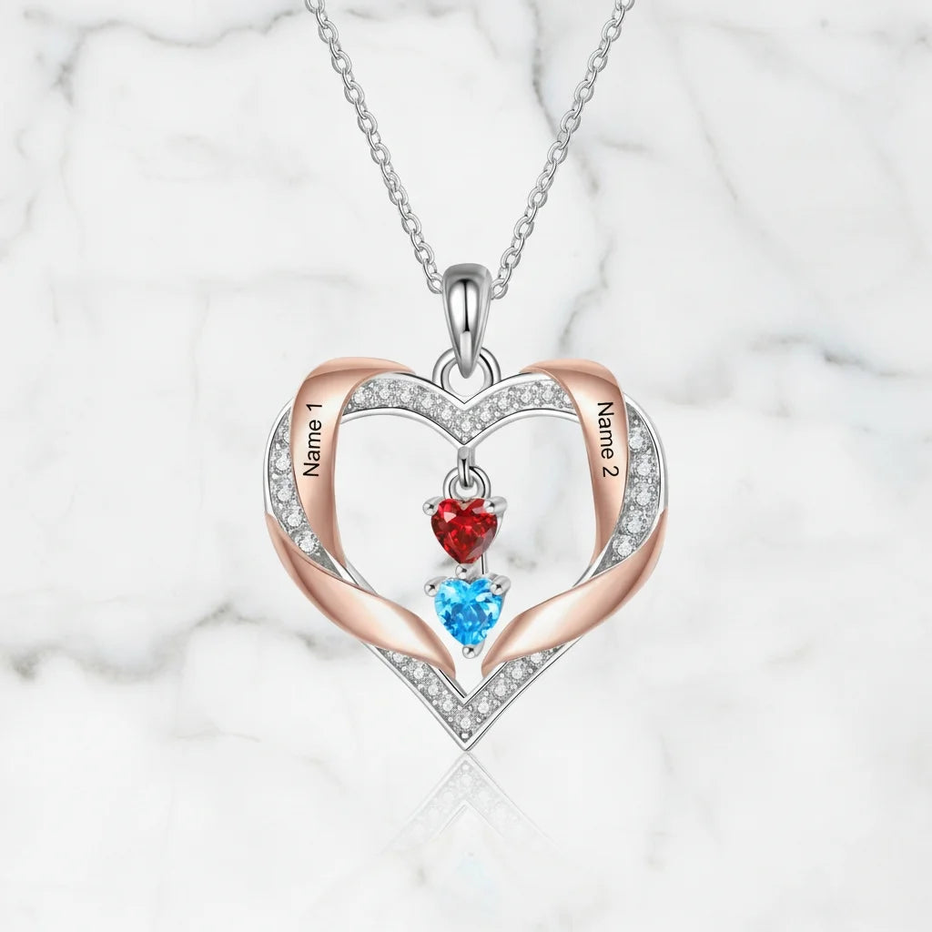 Personalized Heart Birthstone Family Necklace - Engrave 2-4 Names, White Gold Plated Copper