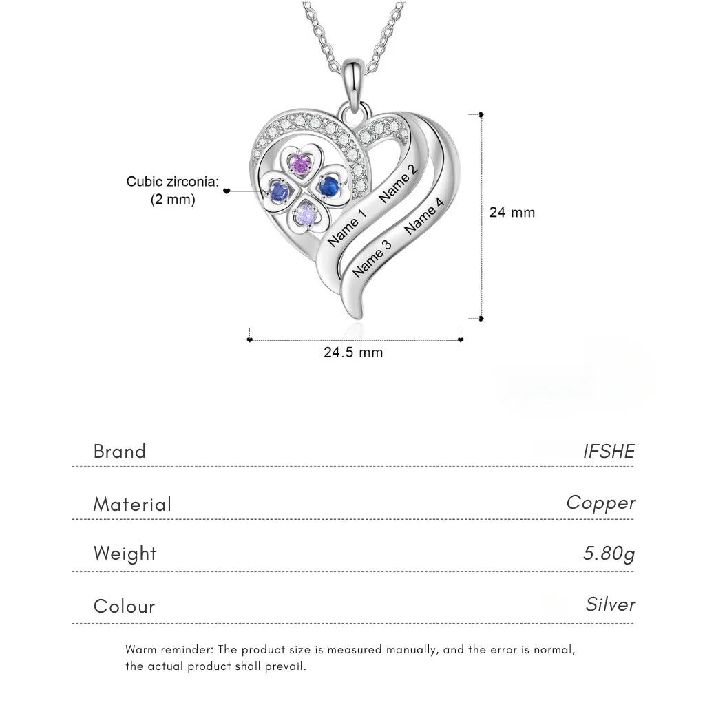 Personalised Heart Necklace with Birthstones – Custom Engraved Names for Family or Mum