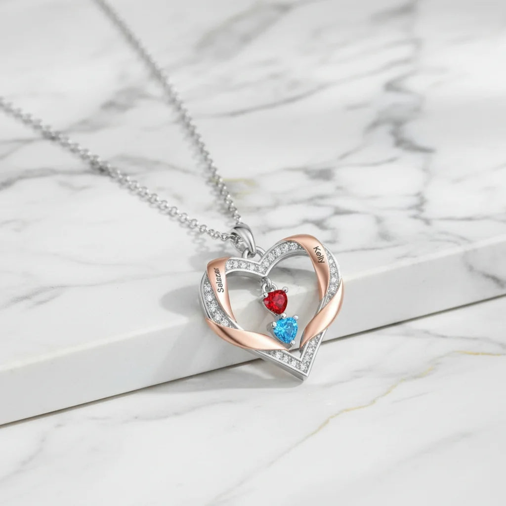 Personalized Heart Birthstone Family Necklace - Engrave 2-4 Names, White Gold Plated Copper