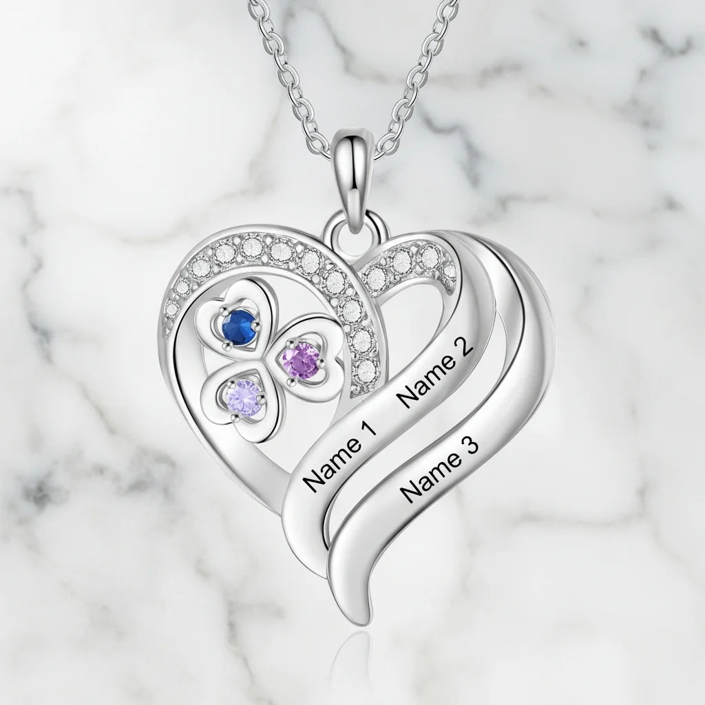 Personalised Heart Necklace with Birthstones – Custom Engraved Names for Family or Mum