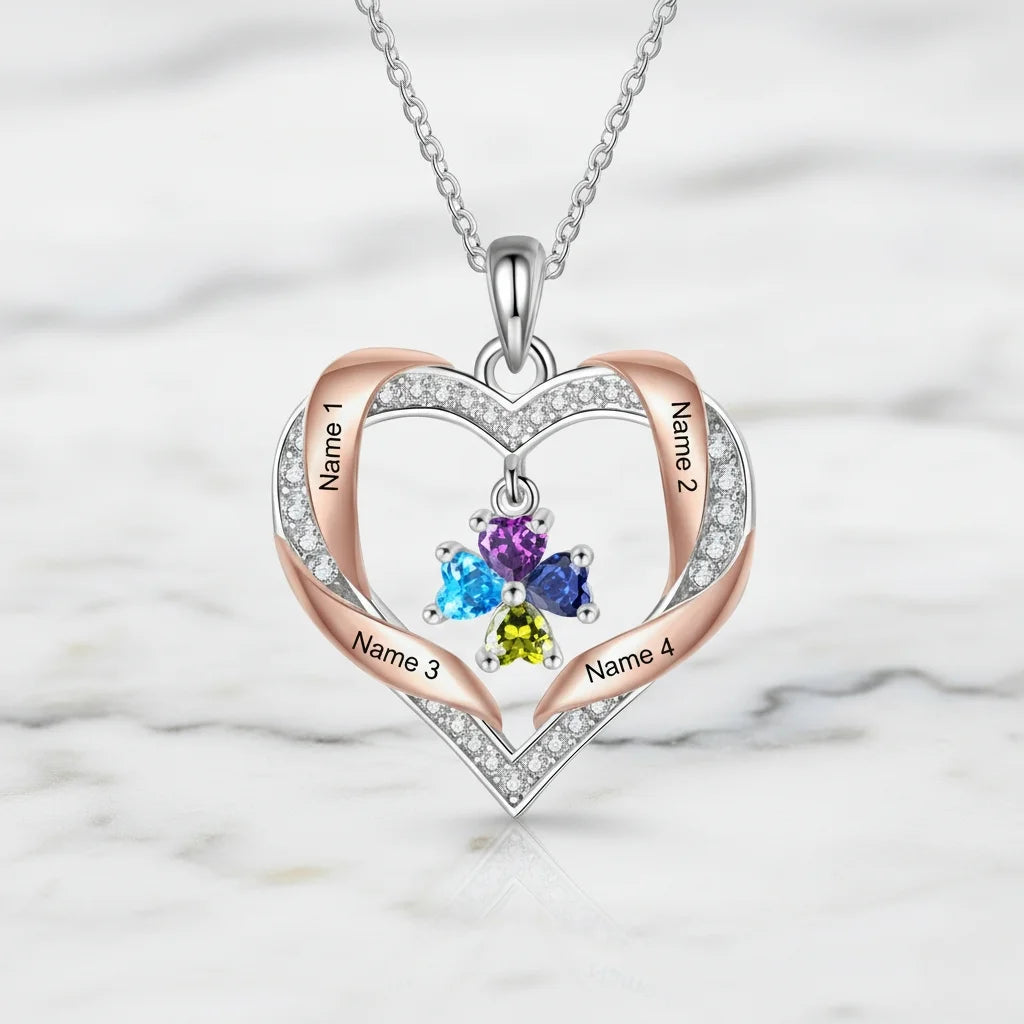Personalized Heart Birthstone Family Necklace - Engrave 2-4 Names, White Gold Plated Copper