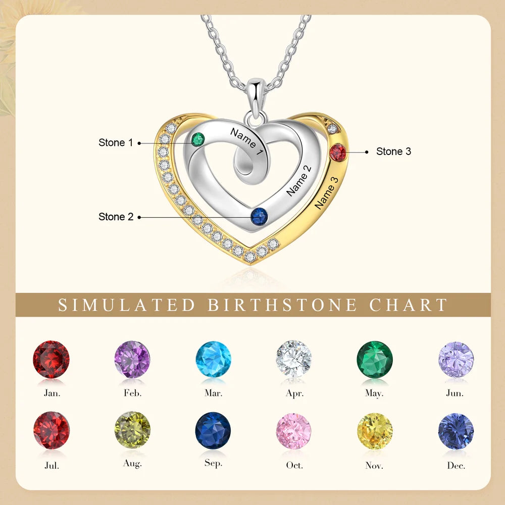 Personalised Heart Shaped Necklace with 2-4 Name and Birthstones, Personalised Necklace for Mum, Personalised Gift for Women