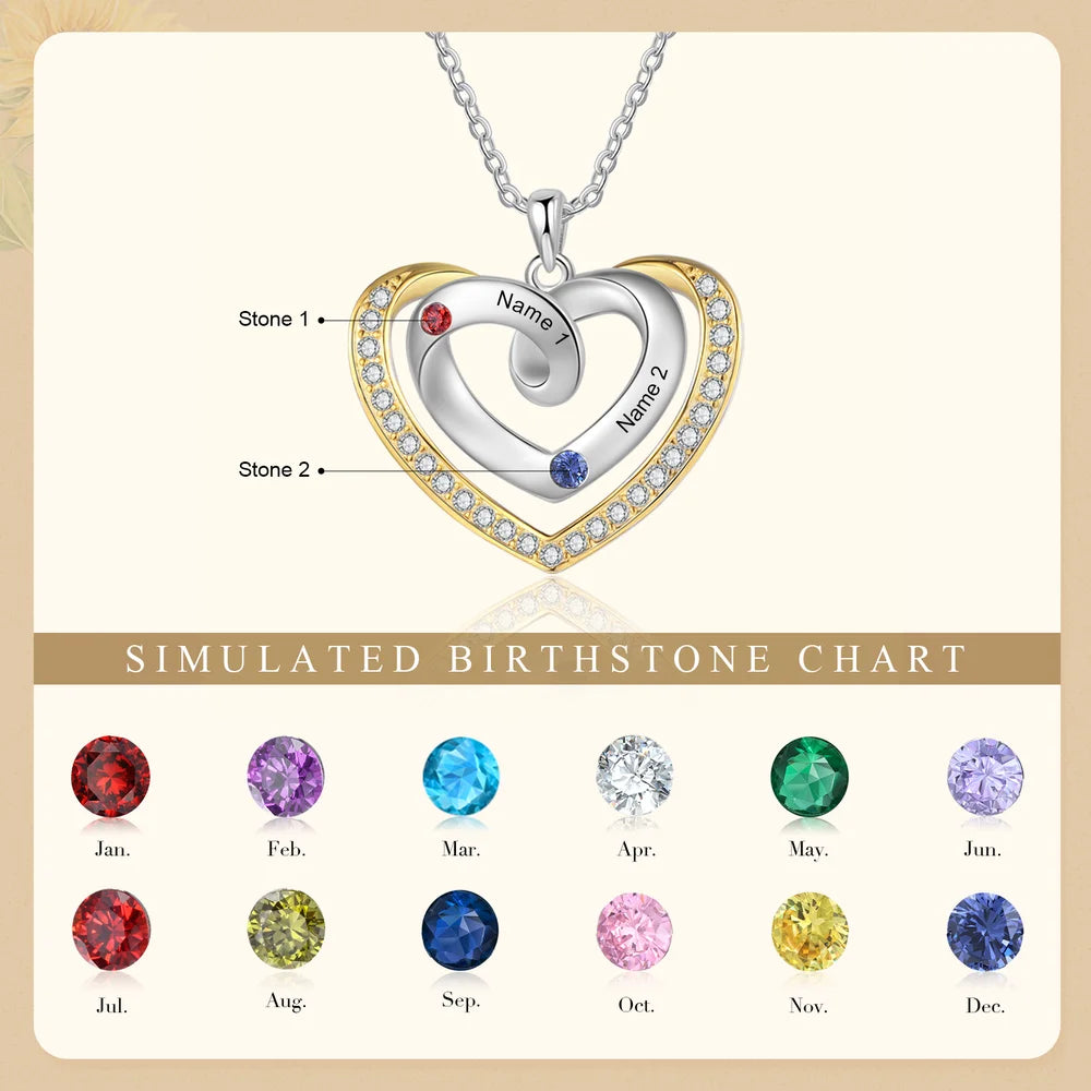 Personalised Heart Shaped Necklace with 2-4 Name and Birthstones, Personalised Necklace for Mum, Personalised Gift for Women