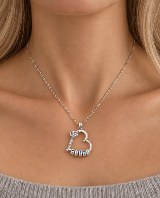 Personalised Family Birthstone Heart Pendant Necklace - worn on a model