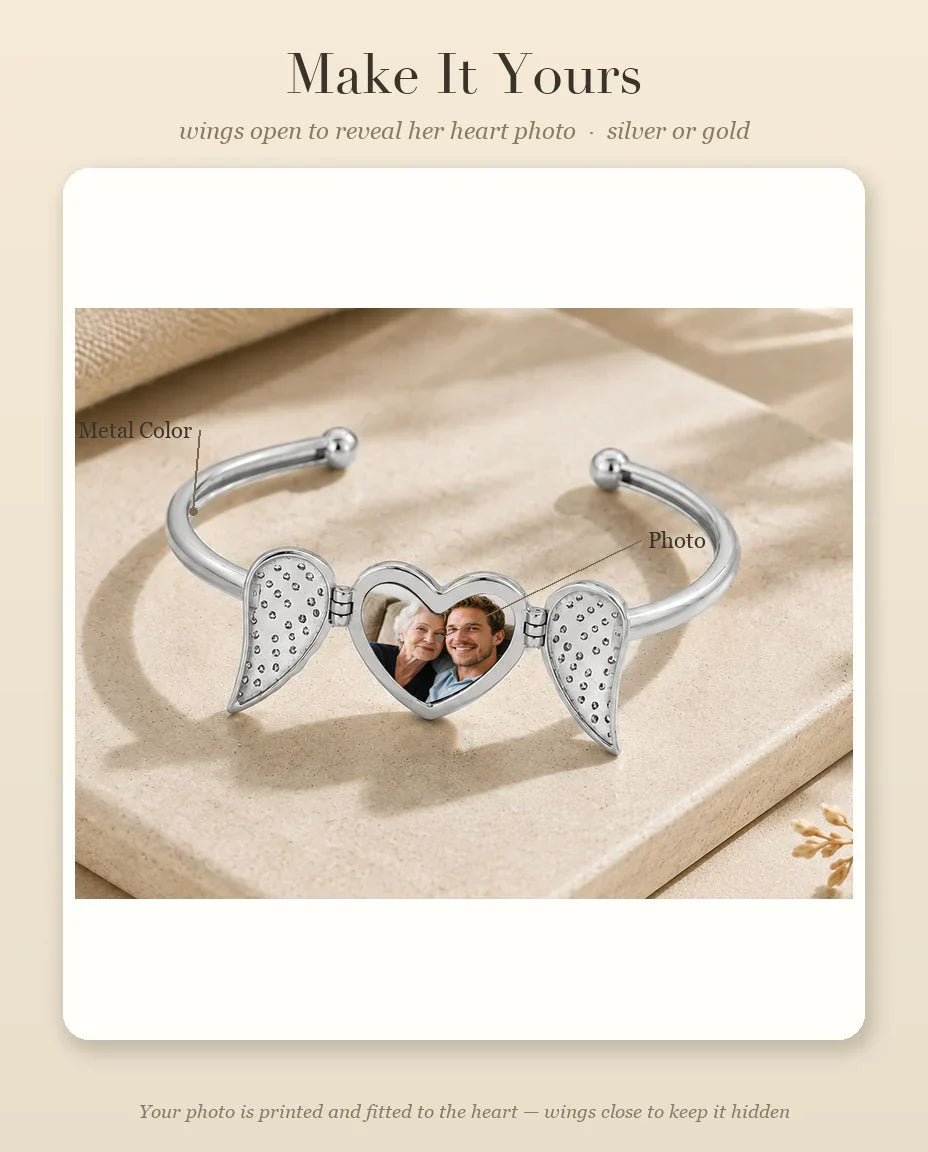 Personalisation guide: heart photo position and metal colour options for the winged bangle
