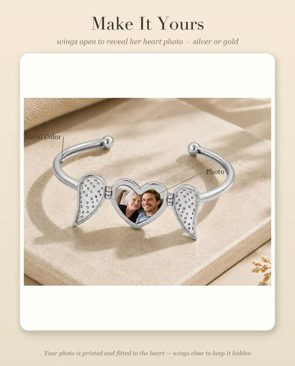 Personalisation guide: heart photo position and metal colour options for the winged bangle