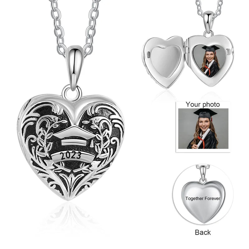 Personalised Graduation Necklace | Photo Locket Necklace | Heart Locket with Engraving