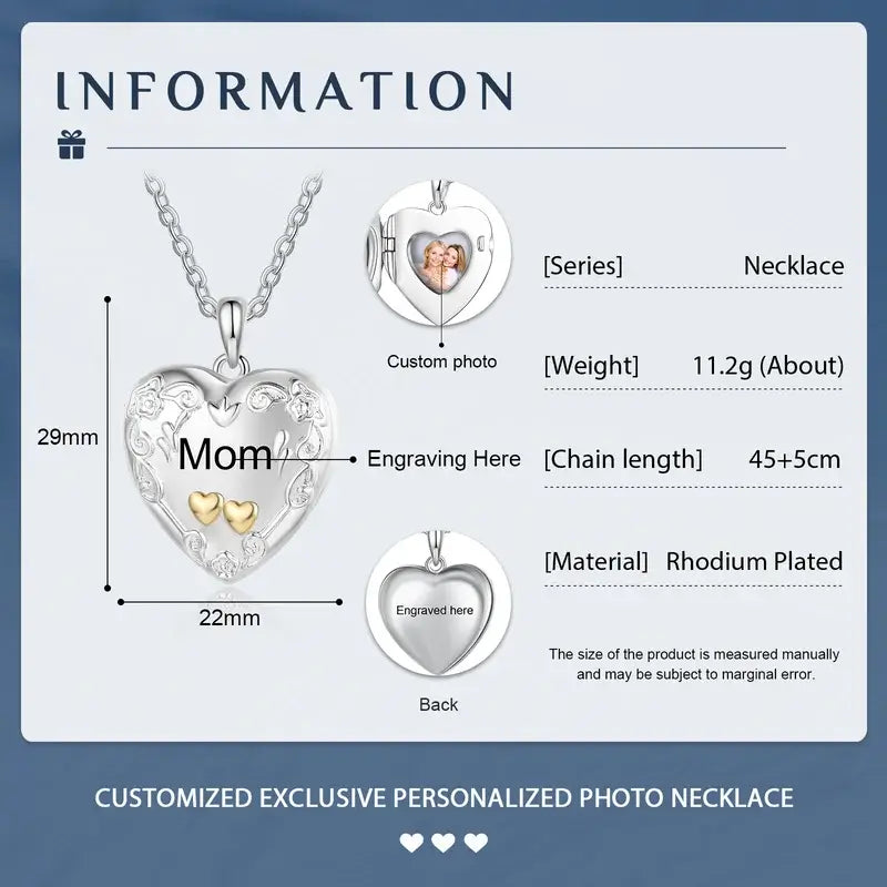 Personalised Heart Photo Locket Necklace with Engraving | Photo Necklace | Picture Necklace