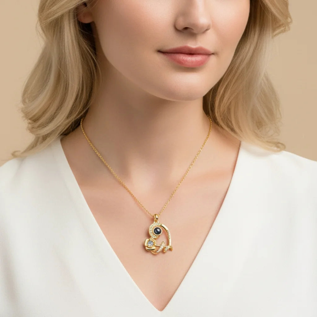 Personalised Heart Rose Photo Projection Necklace with Name Engraving & Birthstone