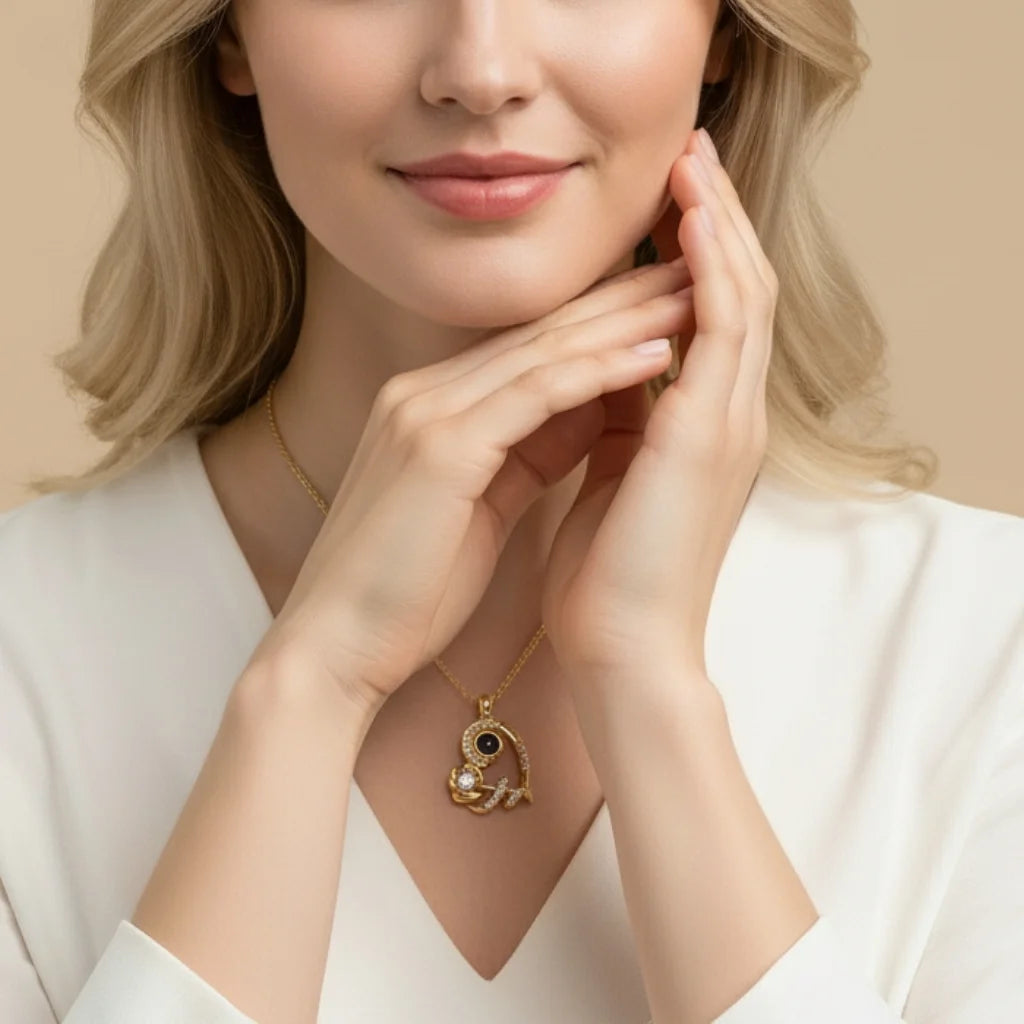 Personalised Heart Rose Photo Projection Necklace with Name Engraving & Birthstone