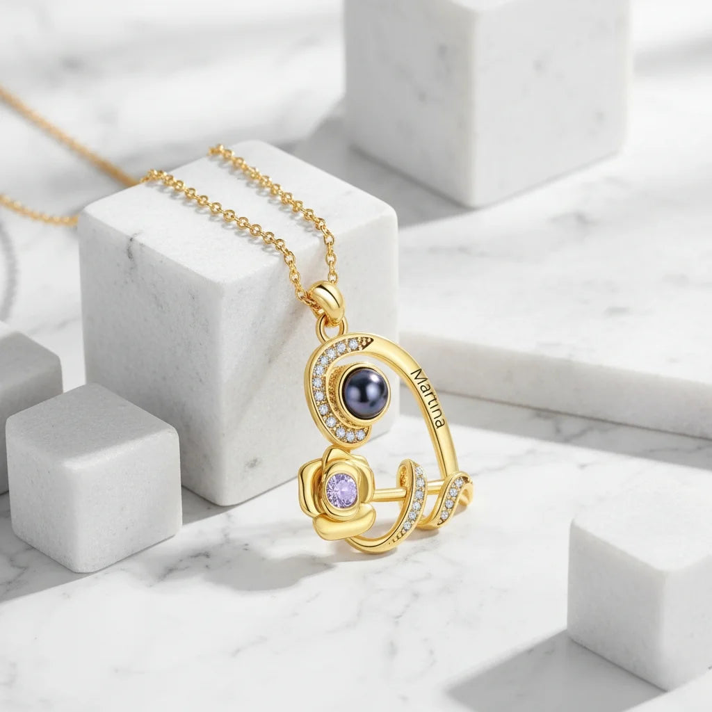 Personalised Heart Rose Photo Projection Necklace with Name Engraving & Birthstone