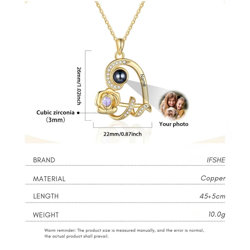 Personalised Heart Rose Photo Projection Necklace with Name Engraving & Birthstone