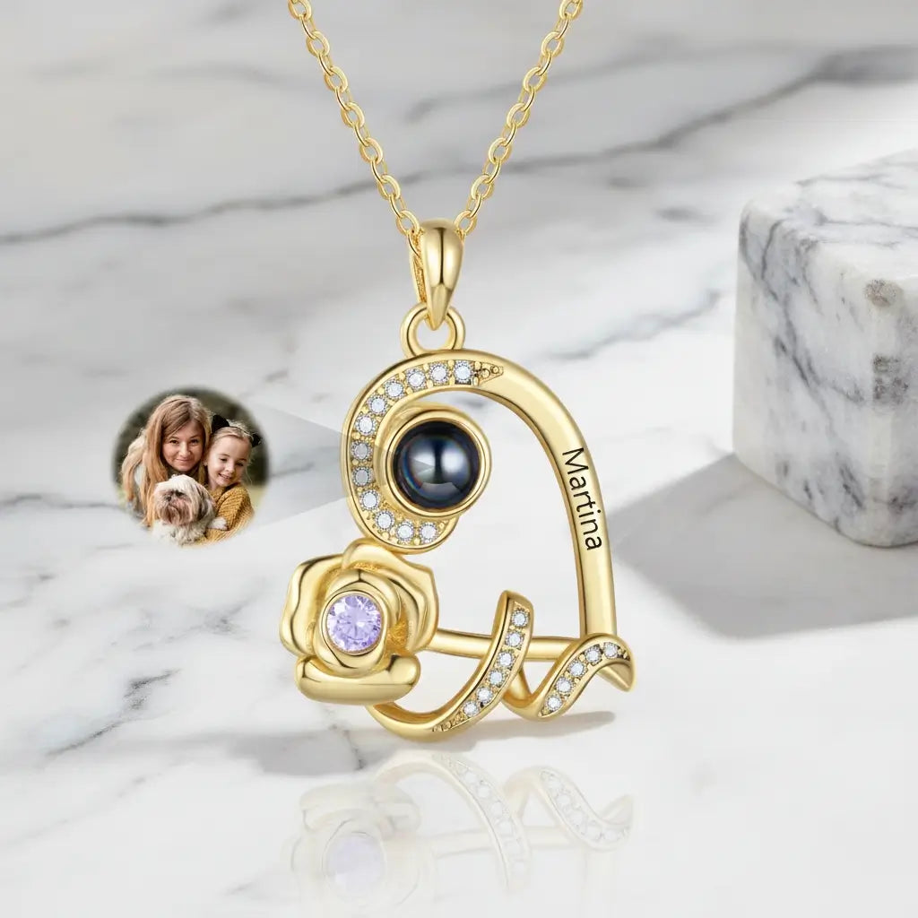 Personalised Heart Rose Photo Projection Necklace with Name Engraving & Birthstone