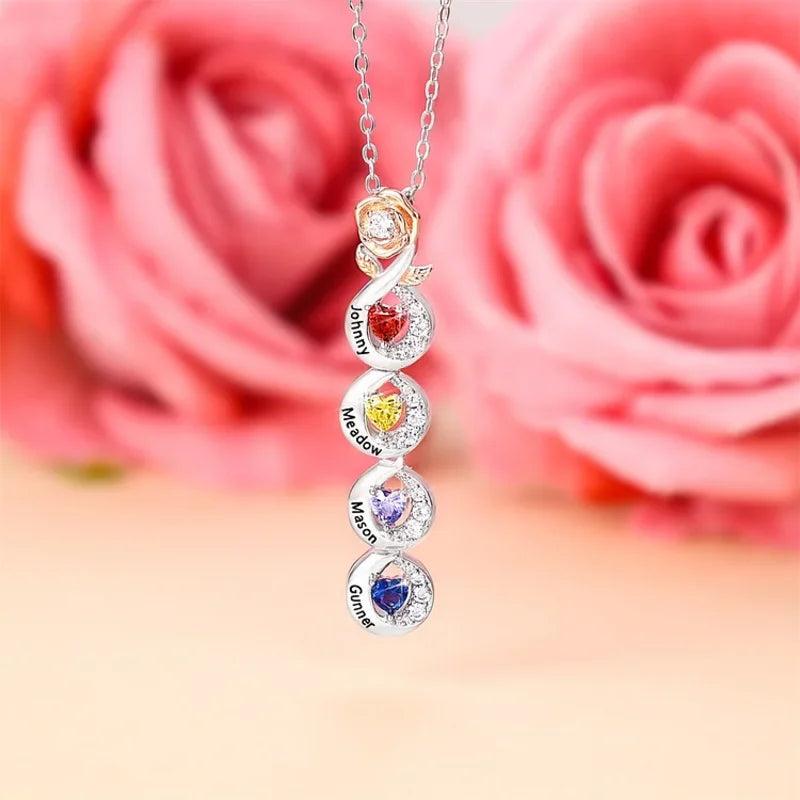 Rose Mum Necklace with Names | Heart Shaped Birthstone Personalised Necklace for Mum