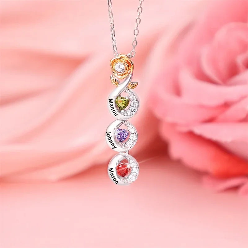 Rose Mum Necklace with Names | Heart Shaped Birthstone Personalised Necklace for Mum
