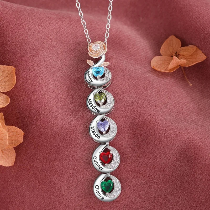 Rose Mum Necklace with Names | Heart Shaped Birthstone Personalised Necklace for Mum