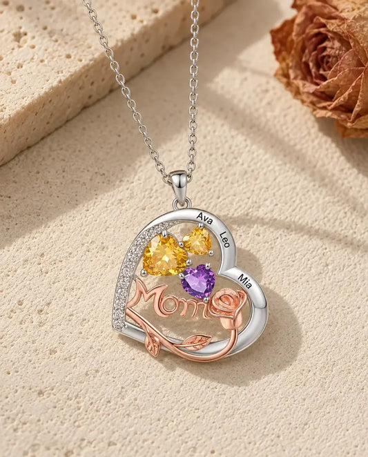 Personalised Heart Mom Necklace with Birthstones & Engraved Names - laid flat